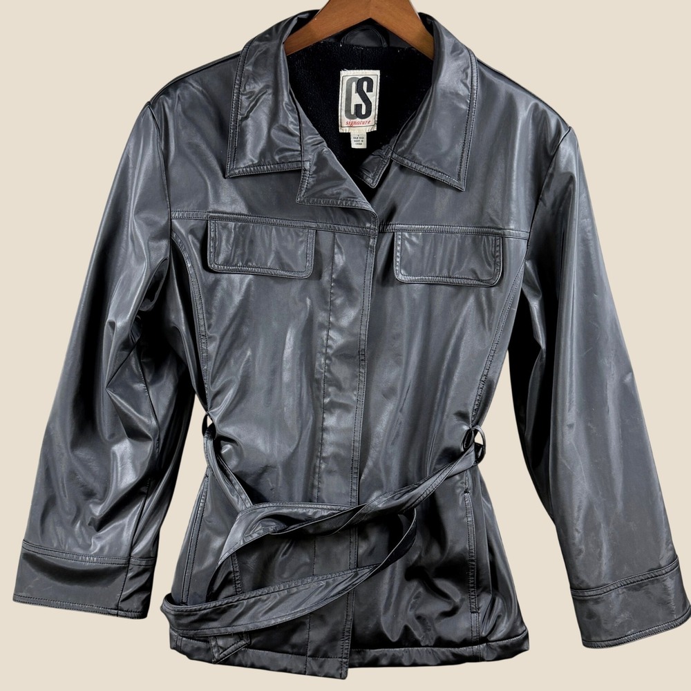 CS Signature Jacket Women L Black Belted Faux Leather Fleece Lined Utility Goth